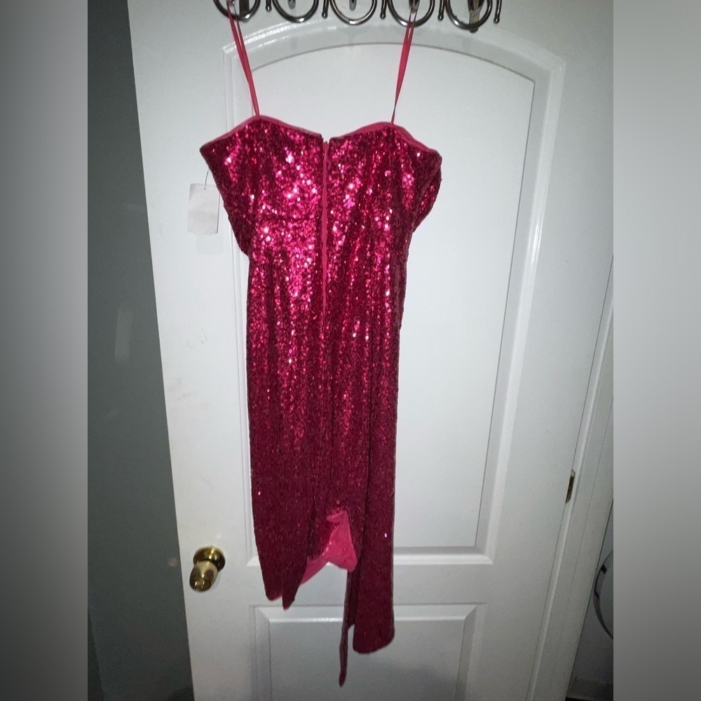 New!Jewel Badgley Mischka 🩷 Strapless Asymmetrical Sequined Draped Pink Dress 10 - Picture 11 of 12